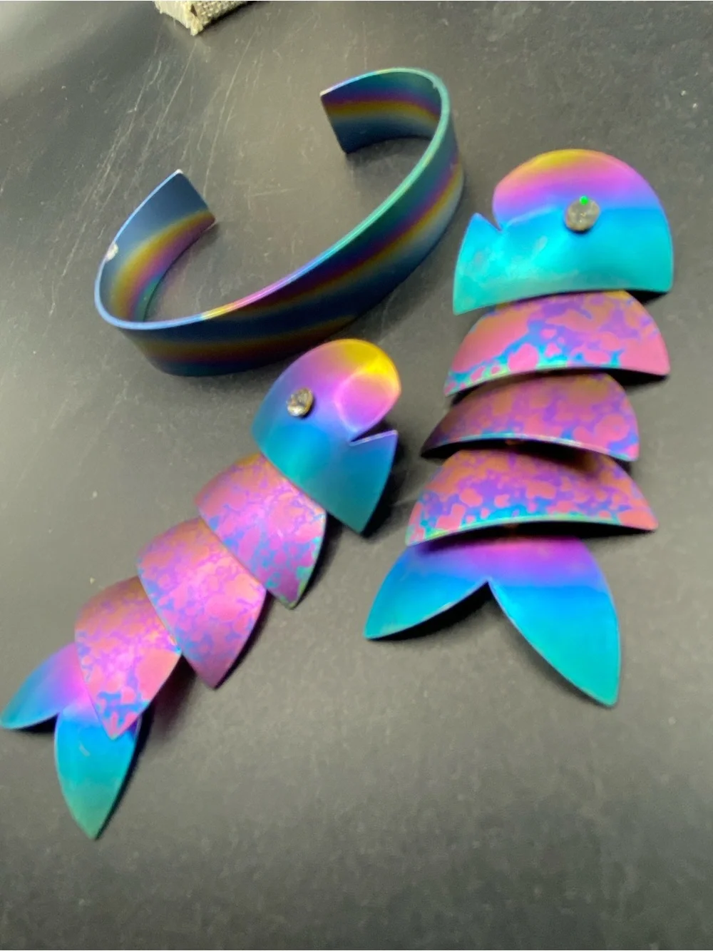Rainbow Titanium Bangle Bracelet & Articulated Fish Earrings Pierced Dangles